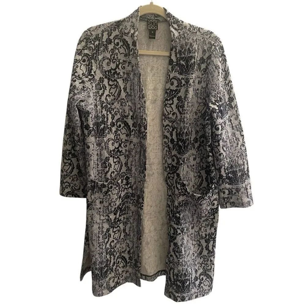 Clara Sun Woo Women’s Long Cardigan Medium Navy Blue Print Pockets Longline USA